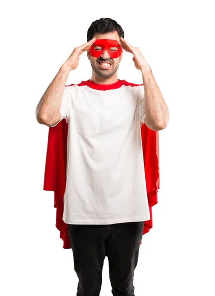 Superhrdina Muž Maskou Červená Mys Nešťastný Frustrovaný Něčím Negativní Výraz — Stock fotografie