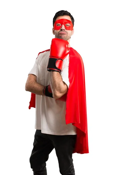 Hombre Superhéroe Con Máscara Capa Roja Con Guantes Boxeo Sobre —  Fotos de Stock