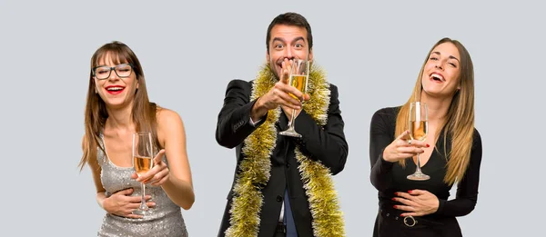 Group People Champagne Celebrating New Year 2019 Pointing Finger Someone — Stock Photo, Image