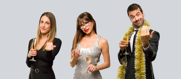Group People Champagne Celebrating New Year 2019 Inviting Come Hand — Stock Photo, Image