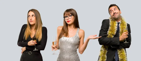 Group People Champagne Celebrating New Year 2019 Making Doubts Gesture — Stock Photo, Image