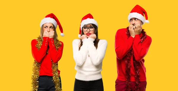 Grupo Pessoas Mulher Loira Vestida Para Férias Natal Pouco Nervoso — Fotografia de Stock