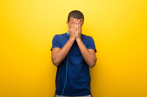 African American Man Blue Shirt Yellow Background Tired Sick Expression — Stock Photo, Image
