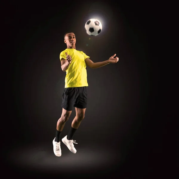 Soccer Player Man Dark Skinned Playing Dark Background — Stock Photo, Image