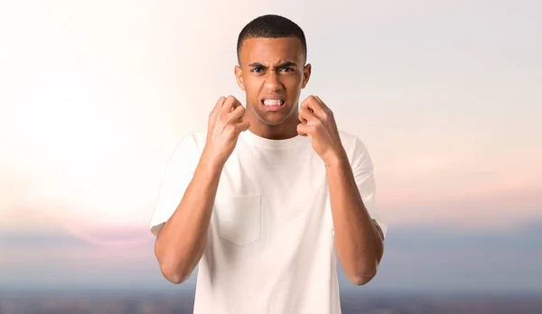 Young African American Man Annoyed Angry Furious Gesture Negative Expression — Stock Photo, Image