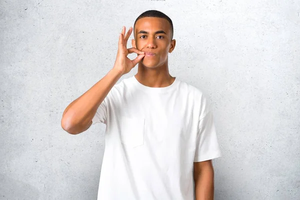 Young African American Man Showing Sign Closing Mouth Silence Gesture — Stock Photo, Image