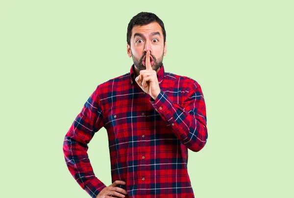 Handsome Man Showing Sign Closing Mouth Silence Gesture Green Background — Stock Photo, Image