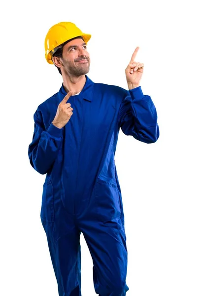 Young Workman Helmet Pointing Index Finger Great Idea Looking Isolated — Stock Photo, Image