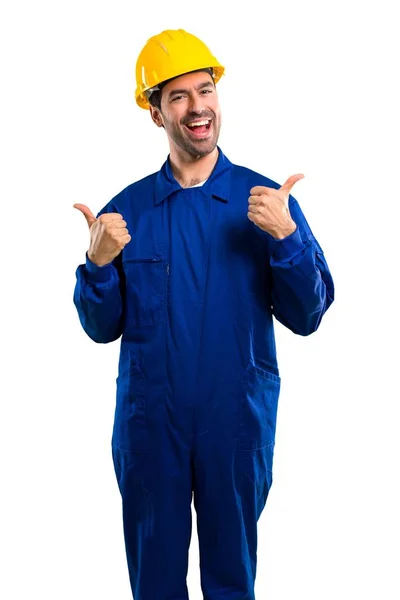 Young Workman Helmet Giving Thumbs Gesture Both Hands Smiling Cheerful — Stock Photo, Image