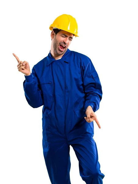 Young Workman Helmet Enjoy Dancing While Listening Music Party Isolated — Stock Photo, Image