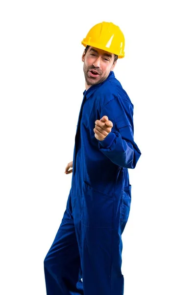 Young Workman Helmet Enjoy Dancing While Listening Music Party Isolated — Stock Photo, Image