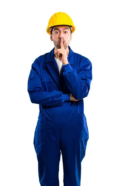 Young Workman Helmet Showing Sign Closing Mouth Silence Gesture Putting — Stock Photo, Image