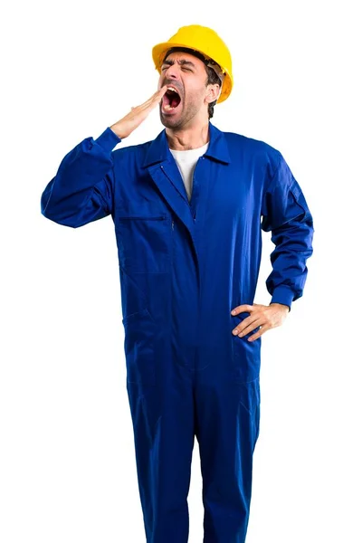 Young Workman Helmet Yawning Covering Wide Open Mouth Hand Sleepy — Stock Photo, Image