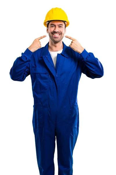 Young Workman Helmet Smiling Happy Pleasant Expression While Pointing Mouth — Stock Photo, Image