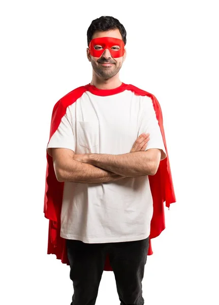 Hombre Superhéroe Con Máscara Capa Roja Manteniendo Los Brazos Cruzados —  Fotos de Stock