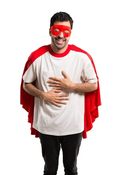 Hombre Superhéroe Con Máscara Capa Roja Sonriendo Mucho Mientras Pone — Foto de Stock