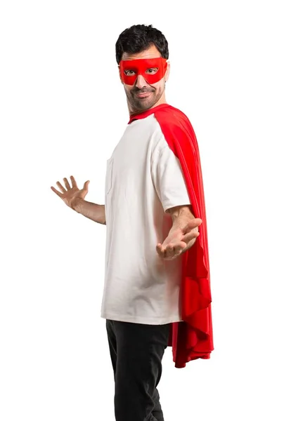 Superheld Man Met Masker Rode Cape Trots Zelfingenomen Hou Van — Stockfoto
