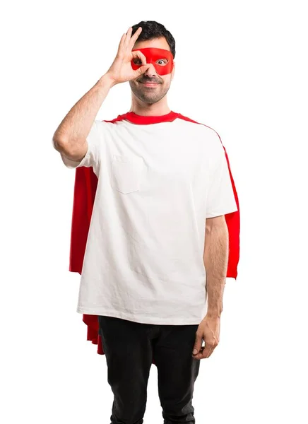 Superhero Man Mask Red Cape Makes Funny Crazy Face Emotion — Stock Photo, Image