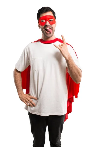 Hombre Superhéroe Con Máscara Capa Roja Mostrando Lengua Cámara Que — Foto de Stock
