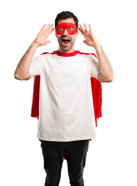 Hombre Superhéroe Con Máscara Capa Roja Con Sorpresa Expresión Facial —  Fotos de Stock