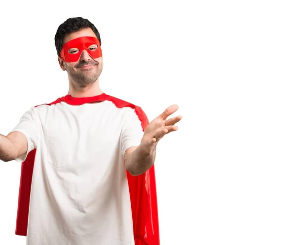 Homem Super Herói Com Máscara Capa Vermelha Apresentando Convidando Para — Fotografia de Stock