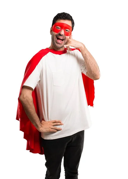 Superhrdina Muž Maskou Červená Mys Telefon Gesto Mluvil Někým Zavolej — Stock fotografie