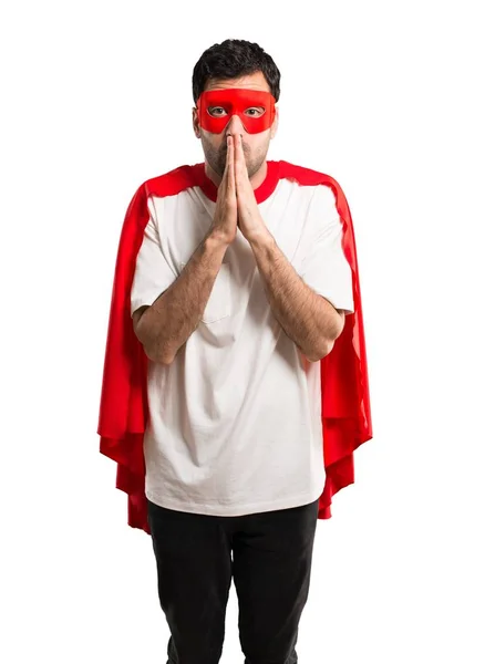 Süper Kahraman Maske Kırmızı Pelerin Adamla Birlikte Palm Tutar Kişi — Stok fotoğraf
