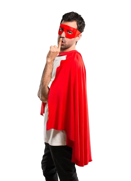 Hombre Superhéroe Con Máscara Capa Roja Que Muestra Signo Cerrar —  Fotos de Stock