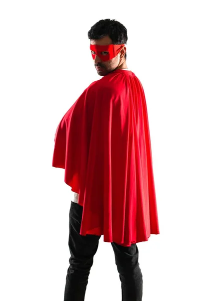 Uomo Supereroe Con Maschera Mantello Rosso Sfondo Bianco Isolato — Foto Stock