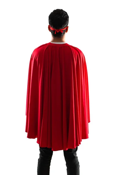 Superhero Man Mask Red Cape Back Position Isolated White Background — Stock Photo, Image