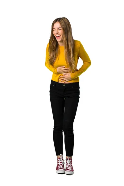 Tiro Completo Uma Jovem Com Suéter Amarelo Sorrindo Muito Colocar — Fotografia de Stock