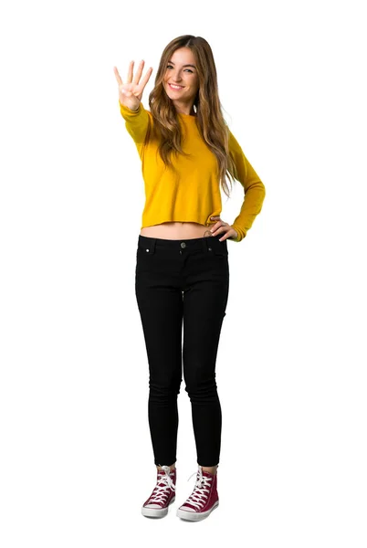 Full Length Shot Young Girl Yellow Sweater Happy Counting Four — Stock Photo, Image