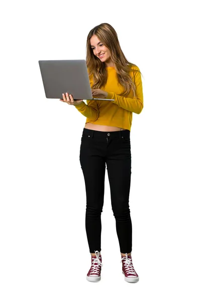 Full Length Shot Young Girl Yellow Sweater Laptop Isolated White — Stock Photo, Image