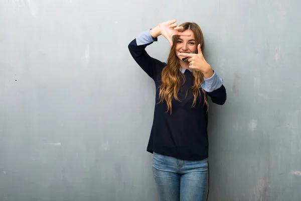 Telemarketer woman focusing face. Framing symbol