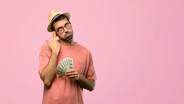 Man Holding Many Bills Problems Making Suicide Gesture Pink Background — Stock Photo, Image
