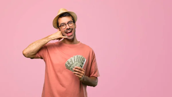 Man Met Vele Rekeningen Telefoon Gebaar Maken Bel Mij Terug — Stockfoto