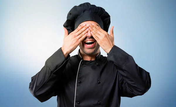 Chef Man Black Uniform Covering Eyes Hands Surprised See What — Stock Photo, Image