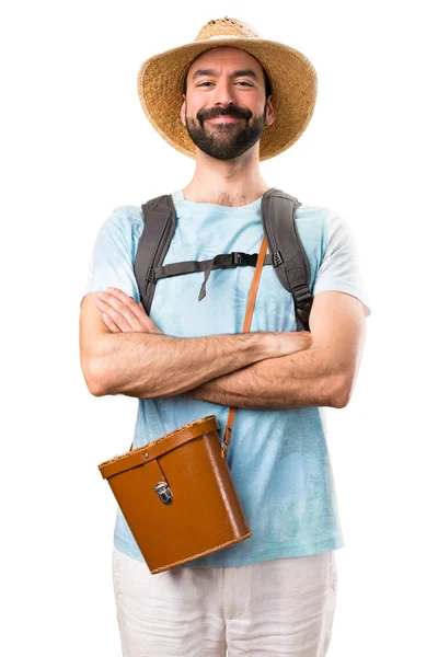 Funny Tourist His Arms Crossed Isolated White Background — Stock Photo, Image