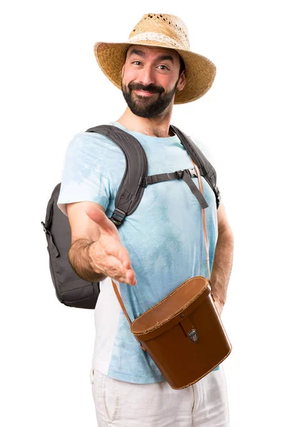 Funny Tourist Making Deal Isolated White Background — Stock Photo, Image