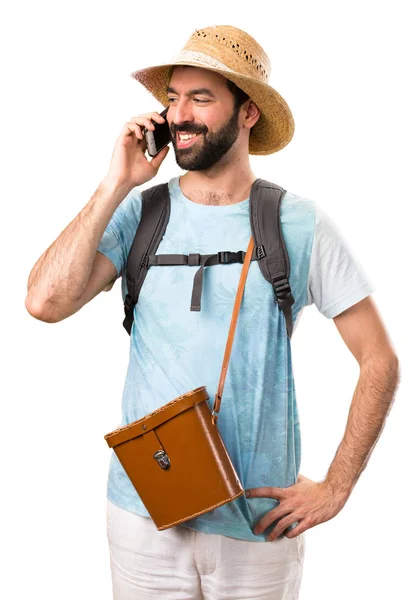 Turista Engraçado Fazendo Gesto Telefone Fundo Branco Isolado — Fotografia de Stock