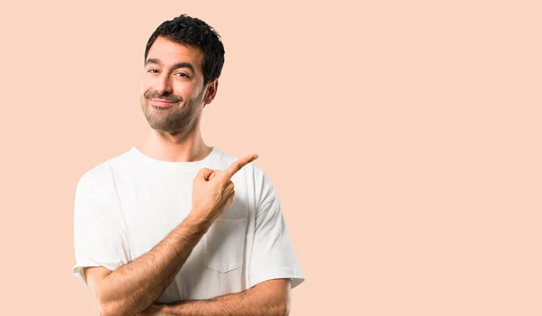 Young Man White Shirt Pointing Side Finger Present Product Idea — Stock Photo, Image