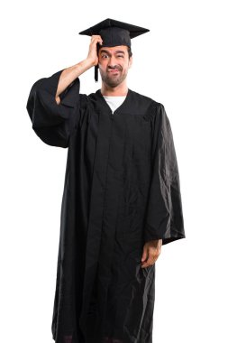 Hayal kırıklığı ve anlayış değil bir ifade ile onun mezuniyet günü üniversite adamı. El hareketi karıştı