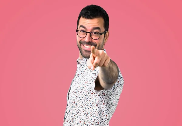 Handsome Man Glasses Points Finger You Pink Background — Stock Photo, Image