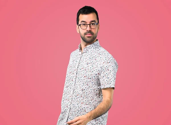 Handsome Man Glasses Walking Pink Background — Stock Photo, Image