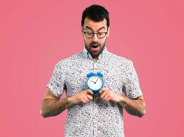 Handsome Man Glasses Holding Vintage Clock Pink Background — Stock Photo, Image