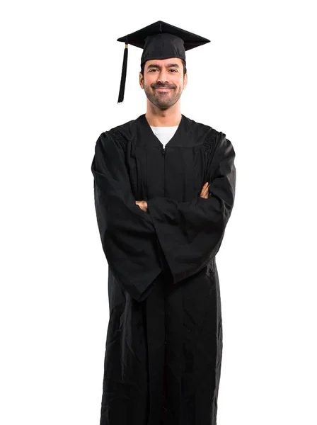Uomo Nel Giorno Del Diploma Dell Universita Tiene Braccia Incrociate — Foto Stock