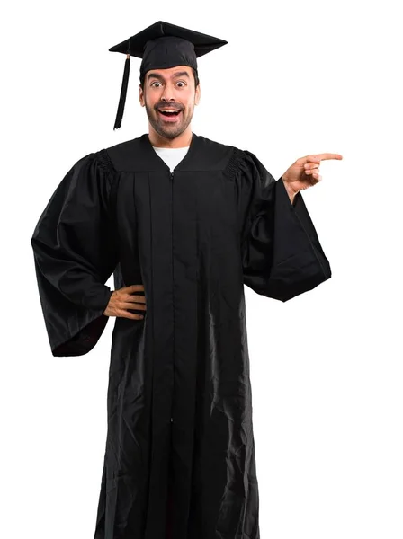 Man His Graduation Day University Pointing Finger Side Presenting Product — Stock Photo, Image