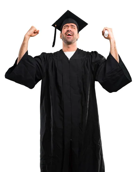 Ember Diplomaszerzés Nap Egyetemi Ünnepli Győzelem Győztes Helyzetben Elszigetelt Fehér — Stock Fotó