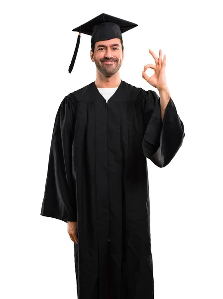 Man Zijn Graduatie Dag Universiteit Tonen Een Teken Met Vingers — Stockfoto