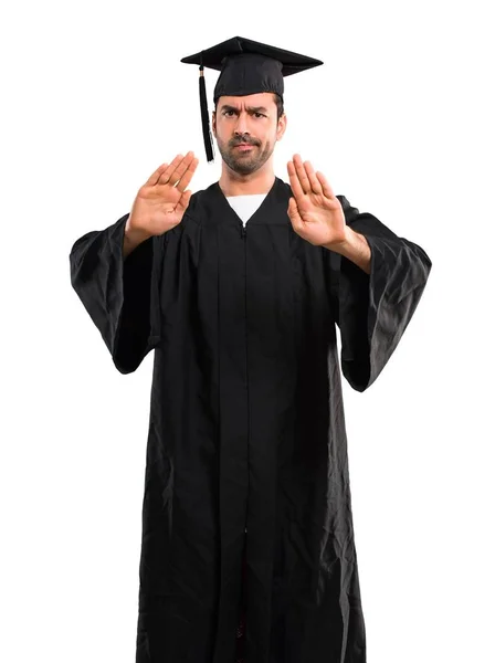 Man Zijn Graduatie Dag Universiteit Maken Stop Gebaar Met Haar — Stockfoto